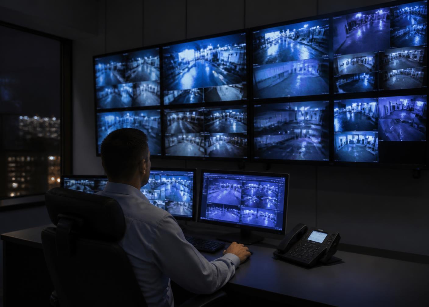 Operator monitoring client CCTV cameras in the SbuForce Security 24 hour control room