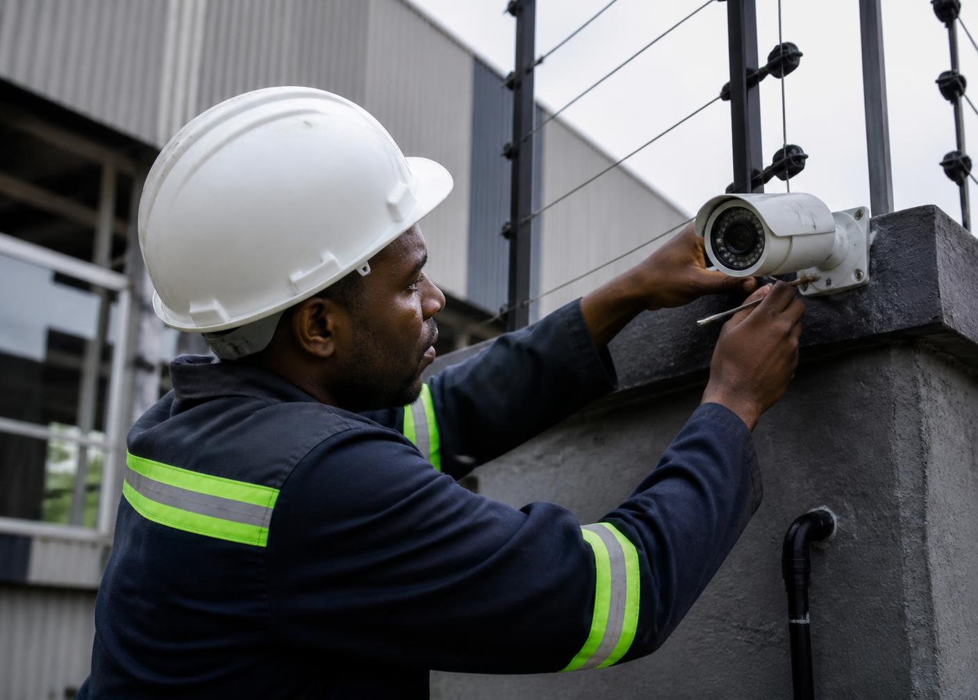 Technician installing an outdoor CCTV camera and electric fencing on a perimeter wall